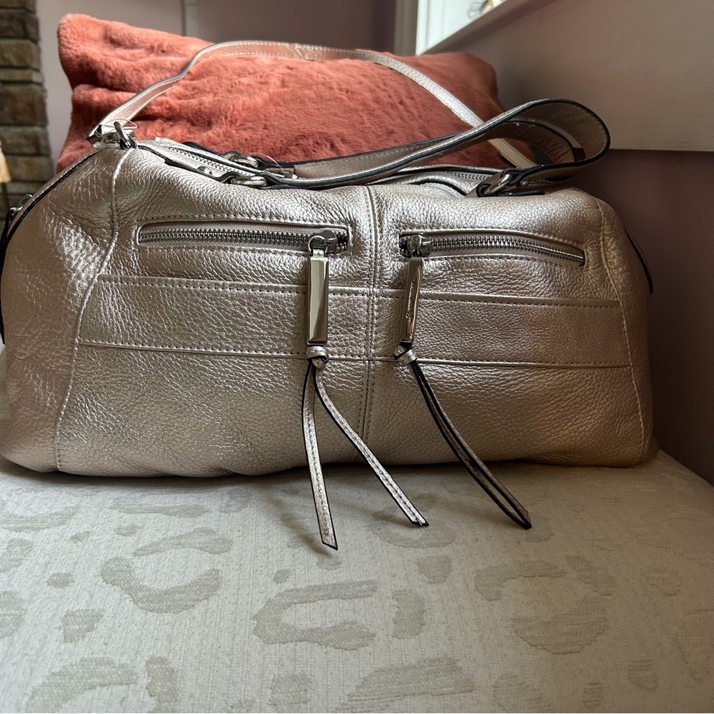 B.Makowsky Champagne Metallic Satchel Leather Crossbody Bag